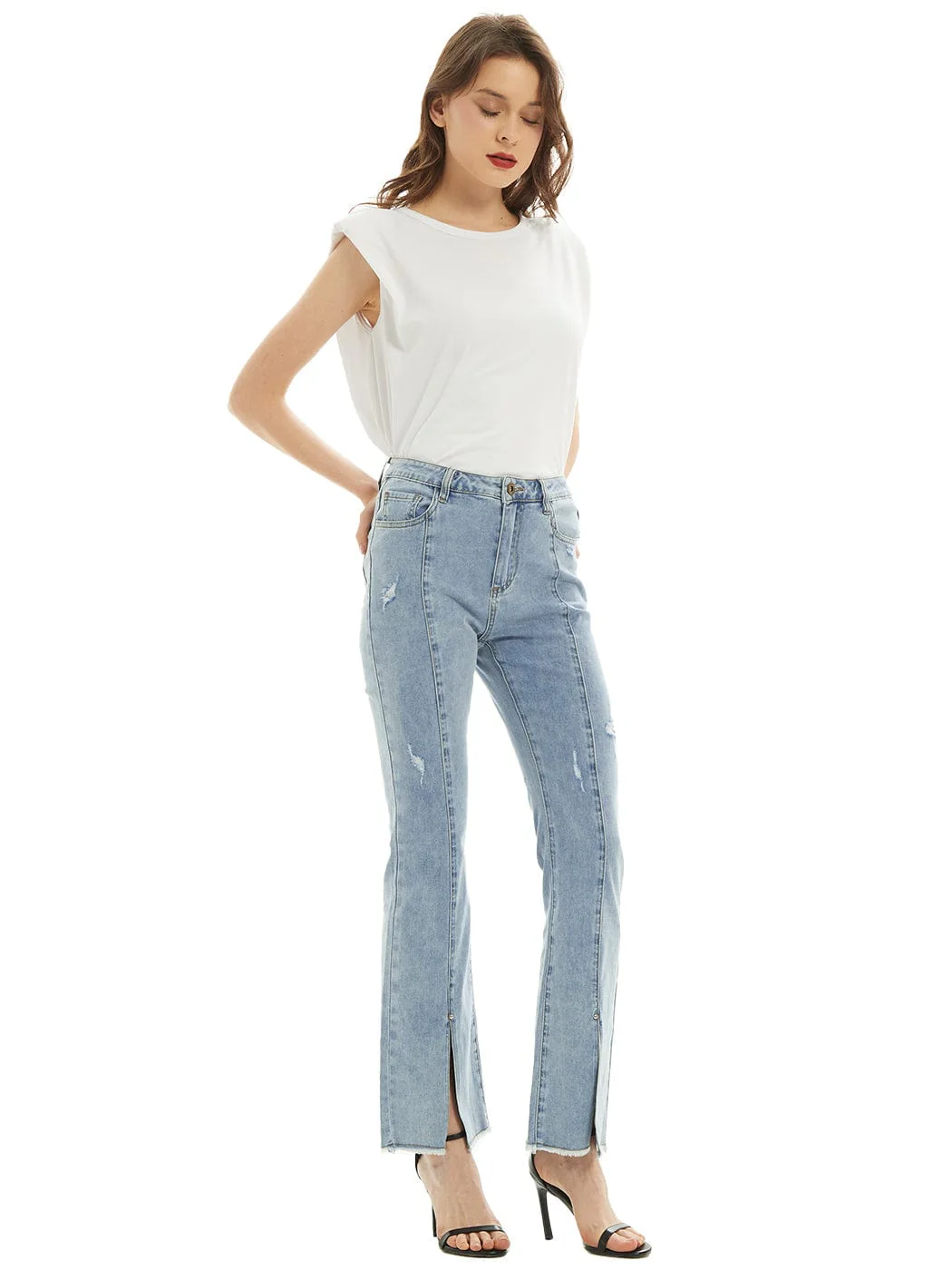 High Waist Distressed Slit Denim Jeans Long Pants with Pockets - Image 4