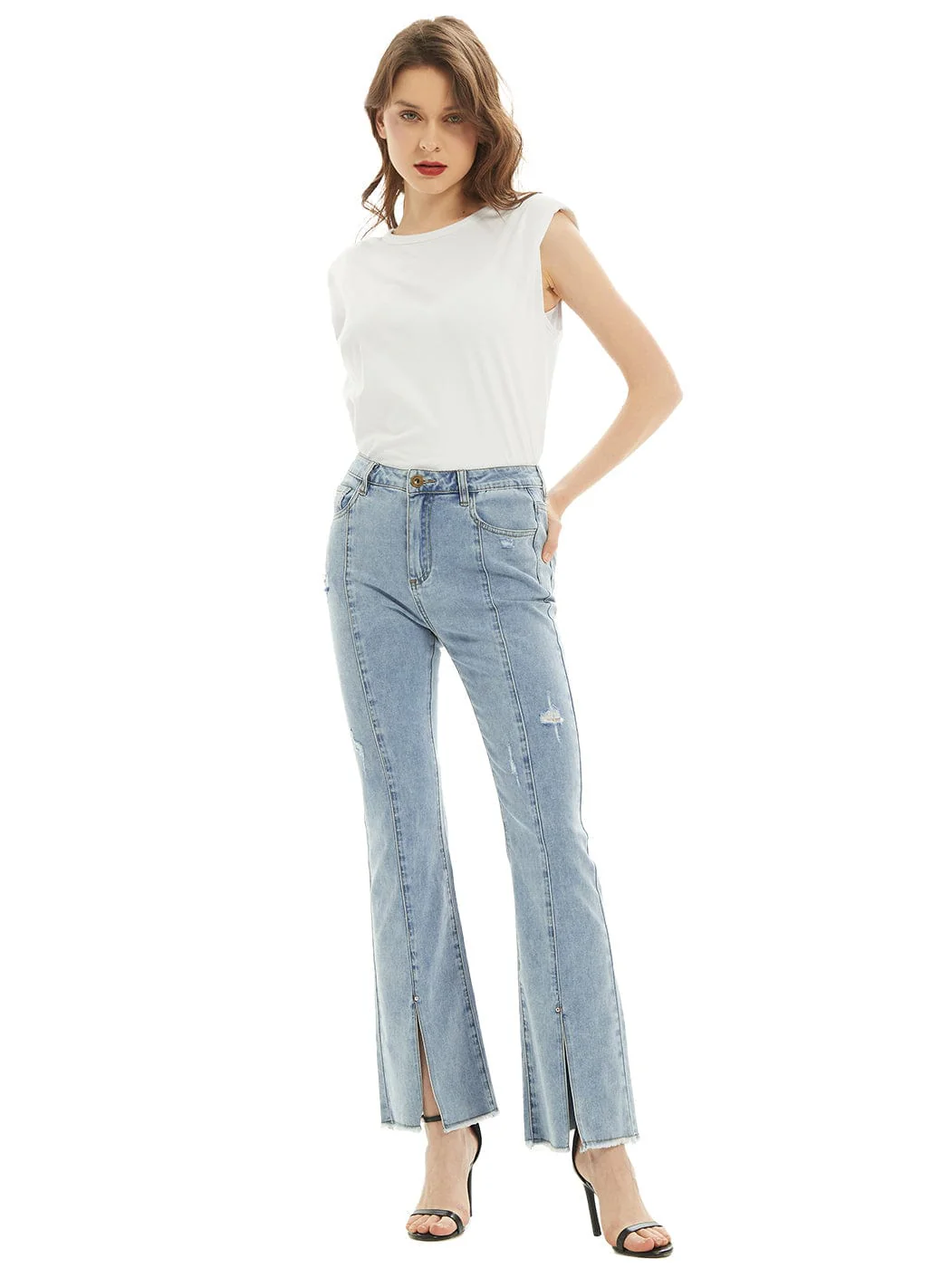 High Waist Distressed Slit Denim Jeans Long Pants with Pockets - Image 5