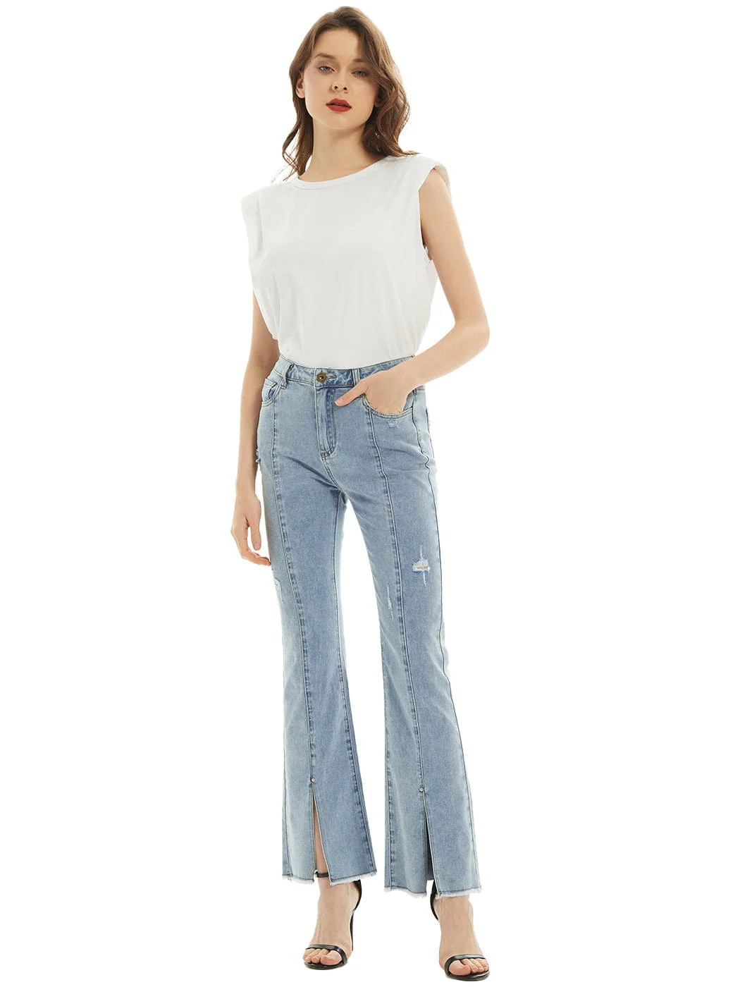 High Waist Distressed Slit Denim Jeans Long Pants with Pockets - Image 6