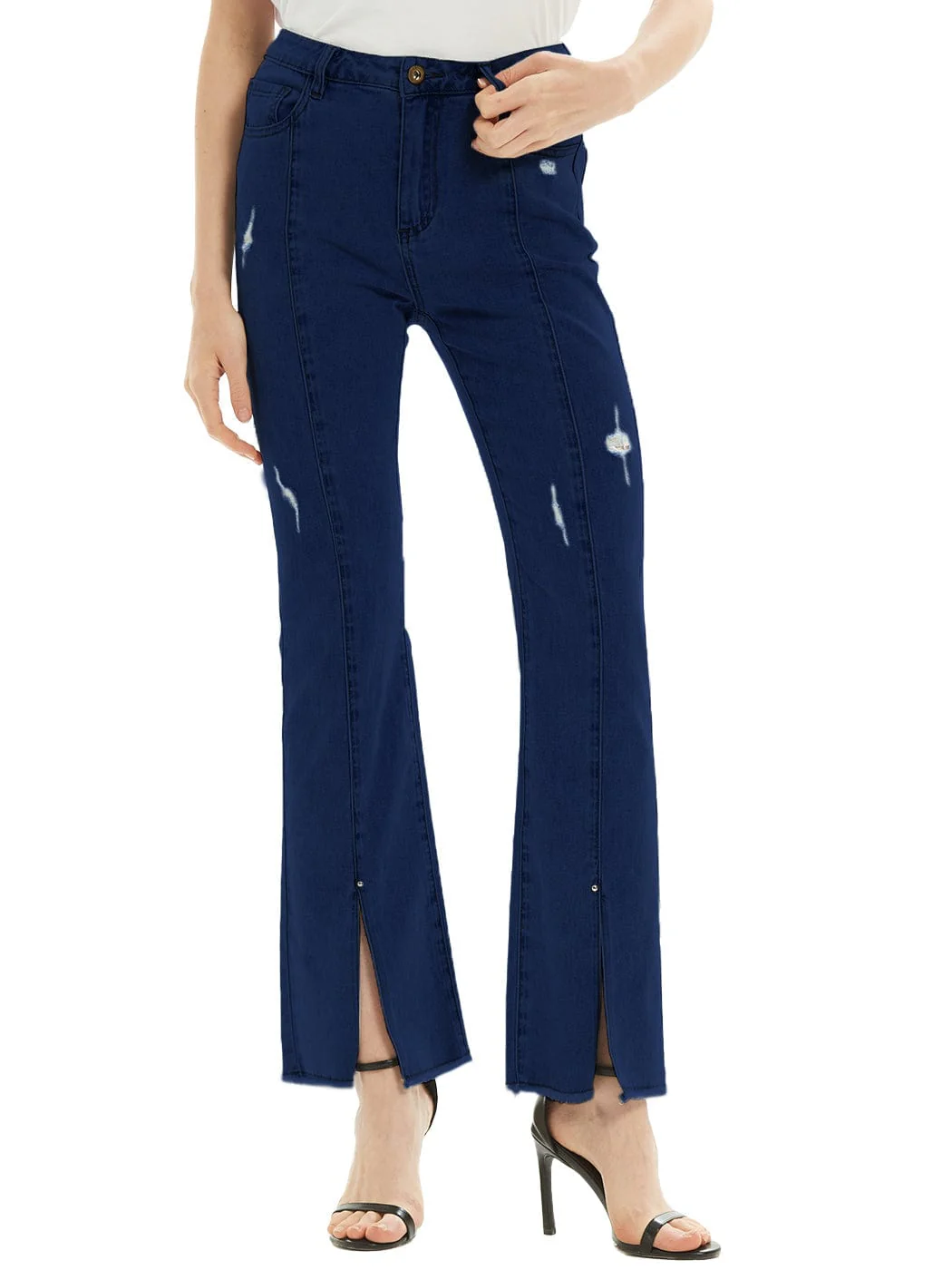 High Waist Distressed Slit Denim Jeans Long Pants with Pockets - Image 8