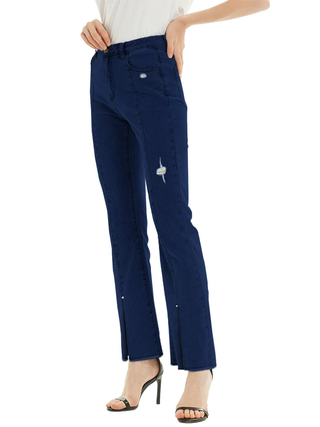 High Waist Distressed Slit Denim Jeans Long Pants with Pockets - Image 9