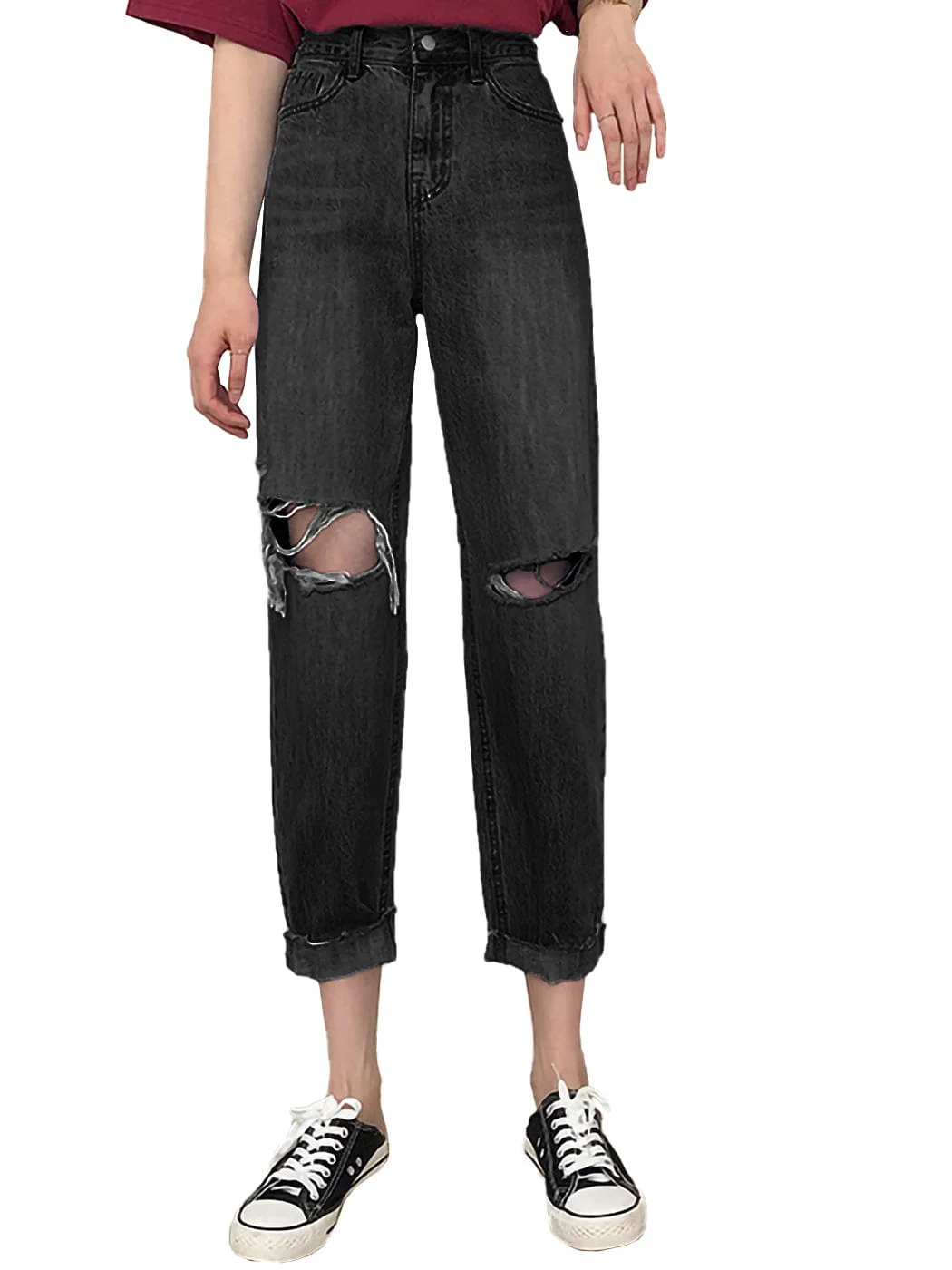High Waist Ripped Boyfriend Jeans - Image 8