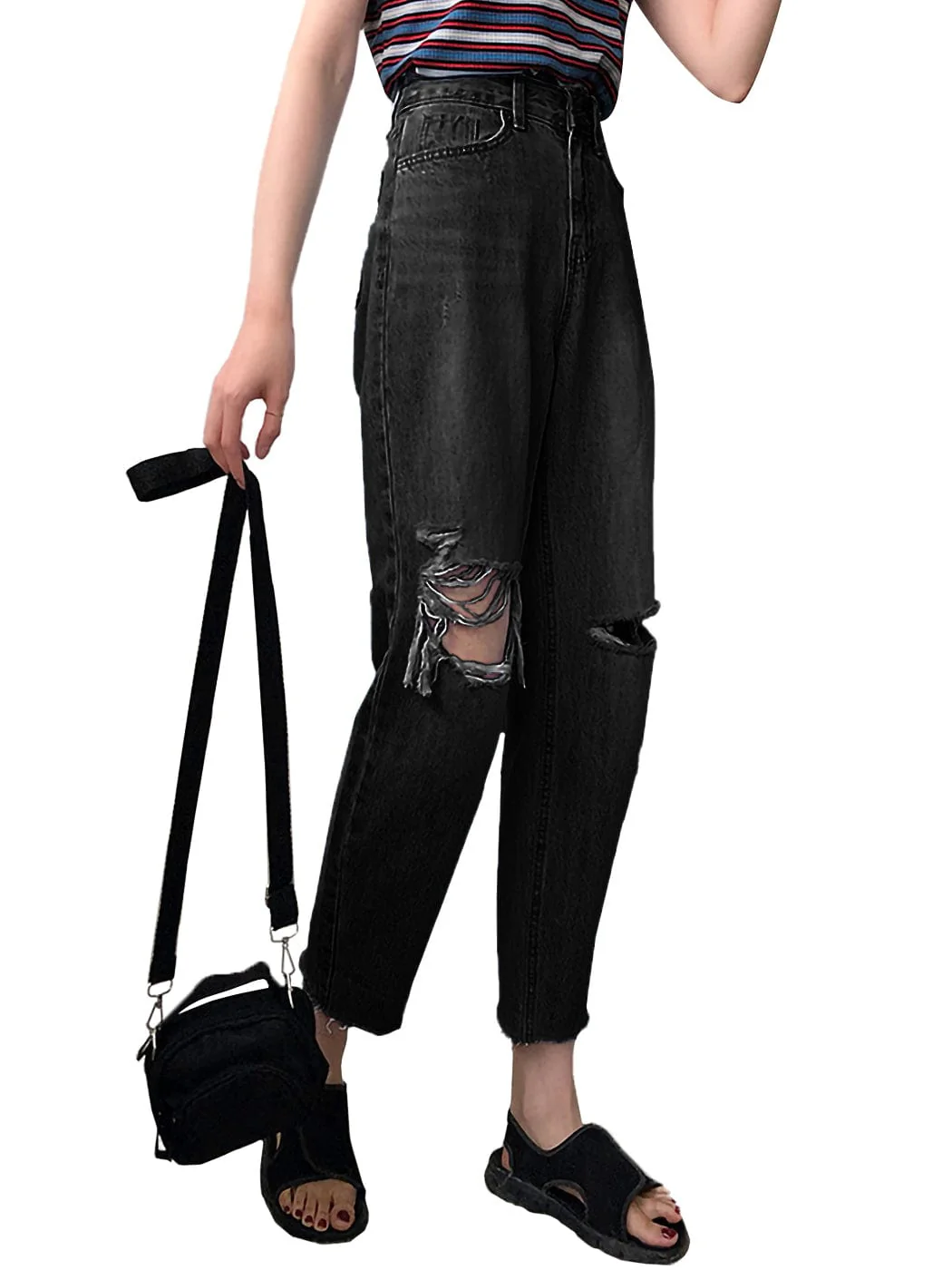 High Waist Ripped Boyfriend Jeans - Image 9