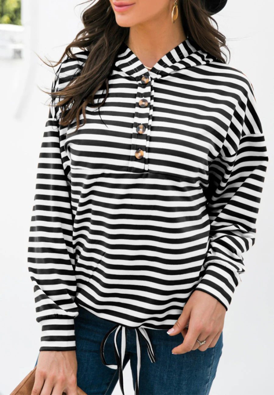 Horizontal Striped Tie Hem Hoodie - Image 3