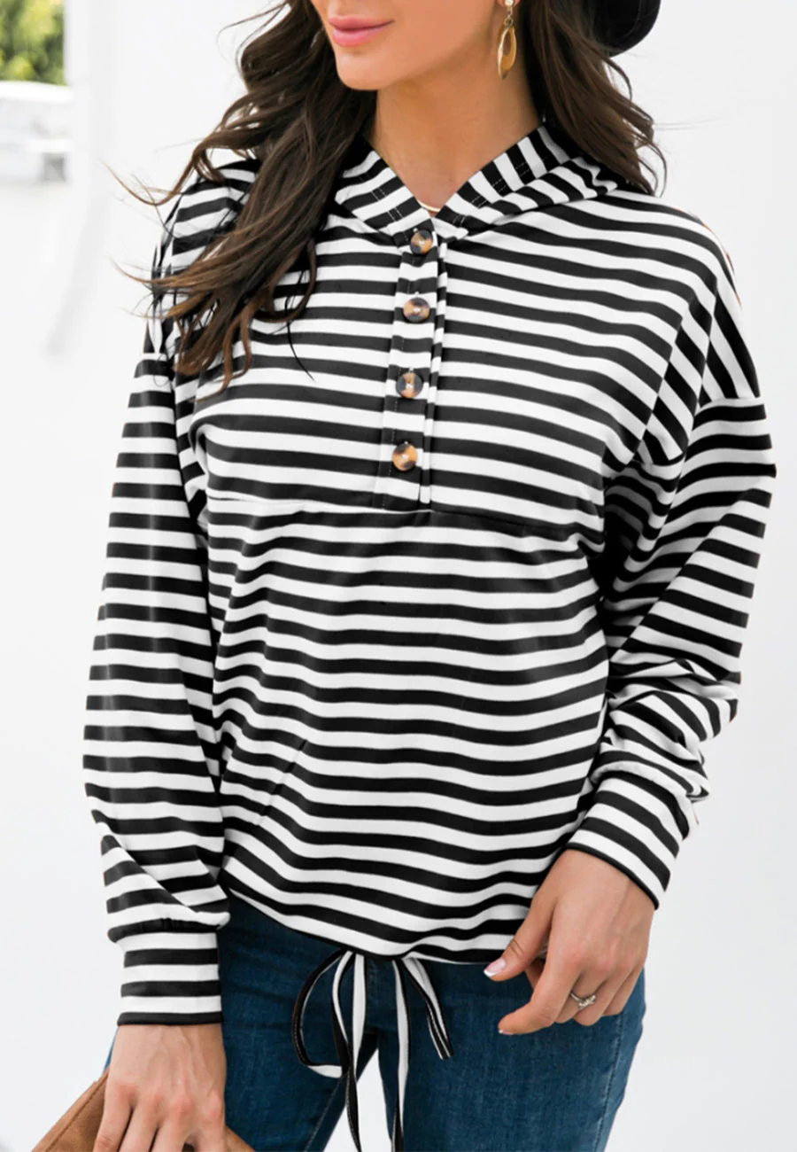 Horizontal Striped Tie Hem Hoodie - Image 4