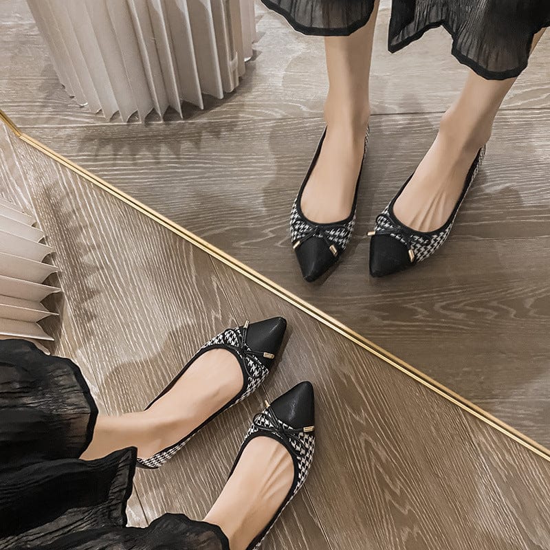 Houndstooth Pointed Toe Flats with Bow - Image 7