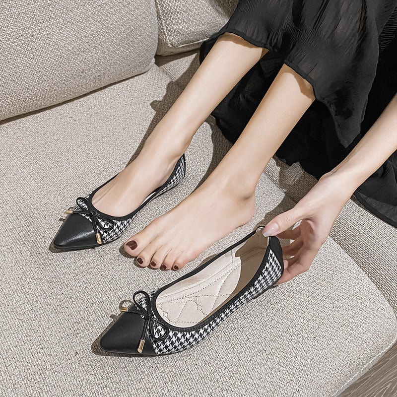 Houndstooth Pointed Toe Flats with Bow - Image 8