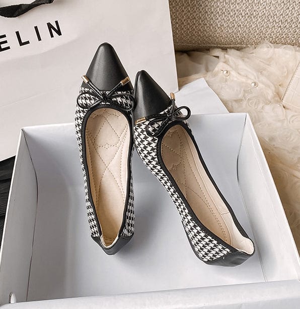 Houndstooth Pointed Toe Flats with Bow - Image 9