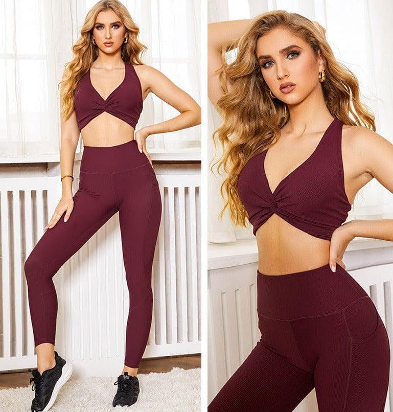 Interlocked Ruched Sports Bra & Leggings Two Piece Workout Set - Image 4