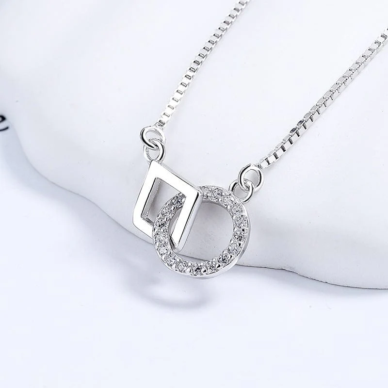 Interlocking Circle Square 925 Sterling Silver Necklace - Image 2