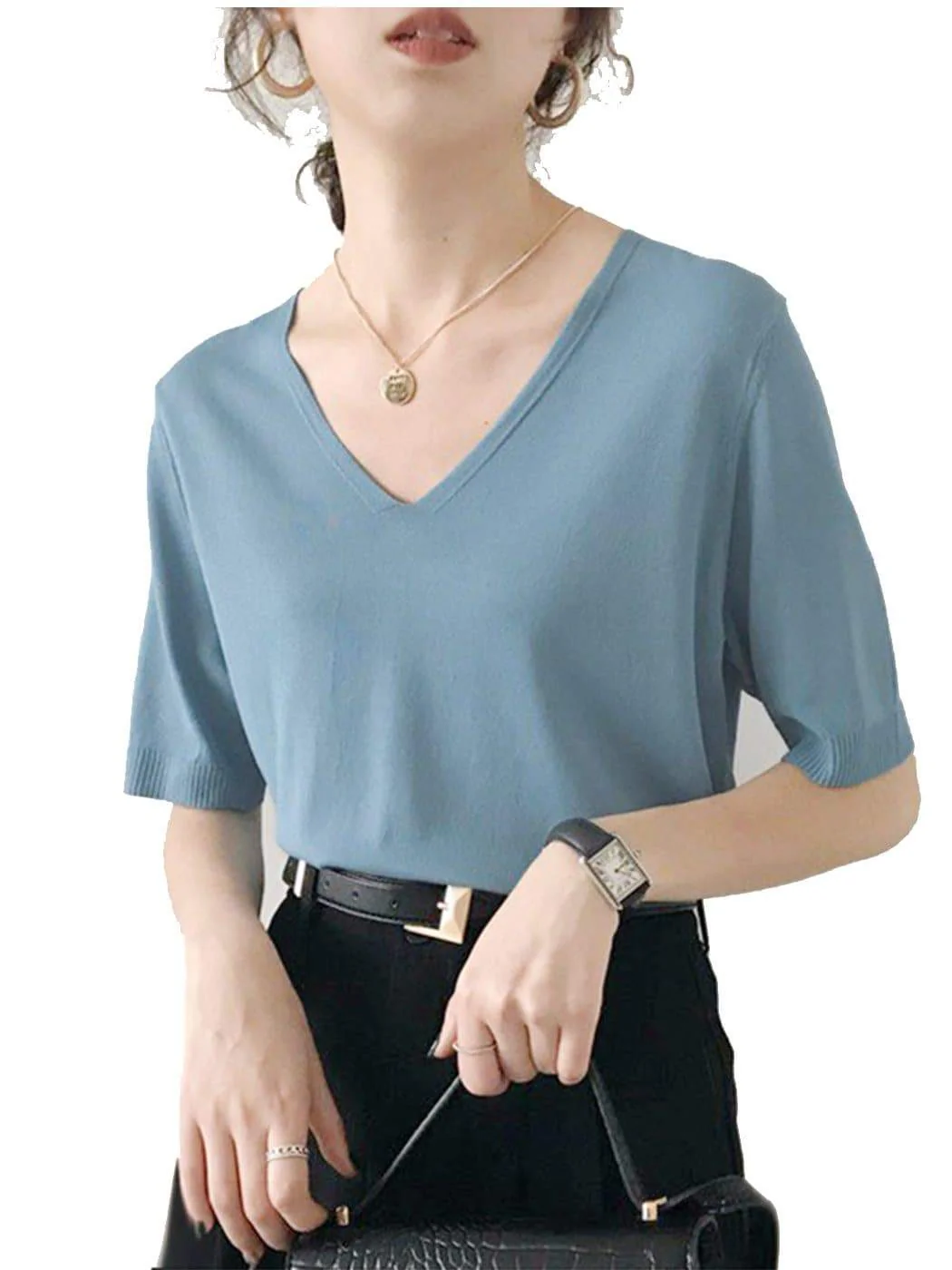 Knitted V-Neck Short Sleeve Top - Image 10