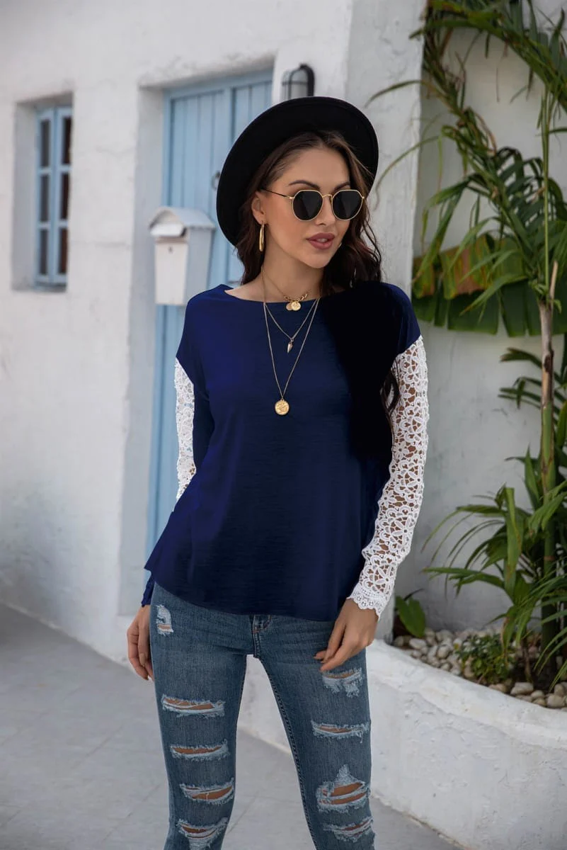 Lace Contrast Long Sleeve Top - Image 5