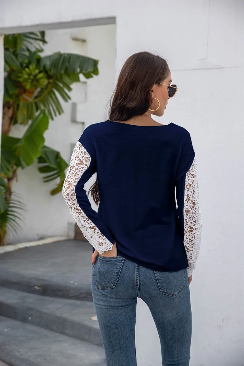 Lace Contrast Long Sleeve Top - Image 7