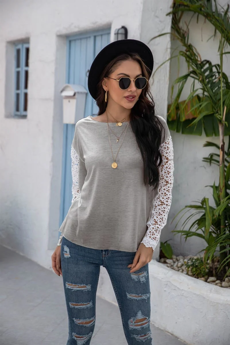Lace Contrast Long Sleeve Top - Image 8