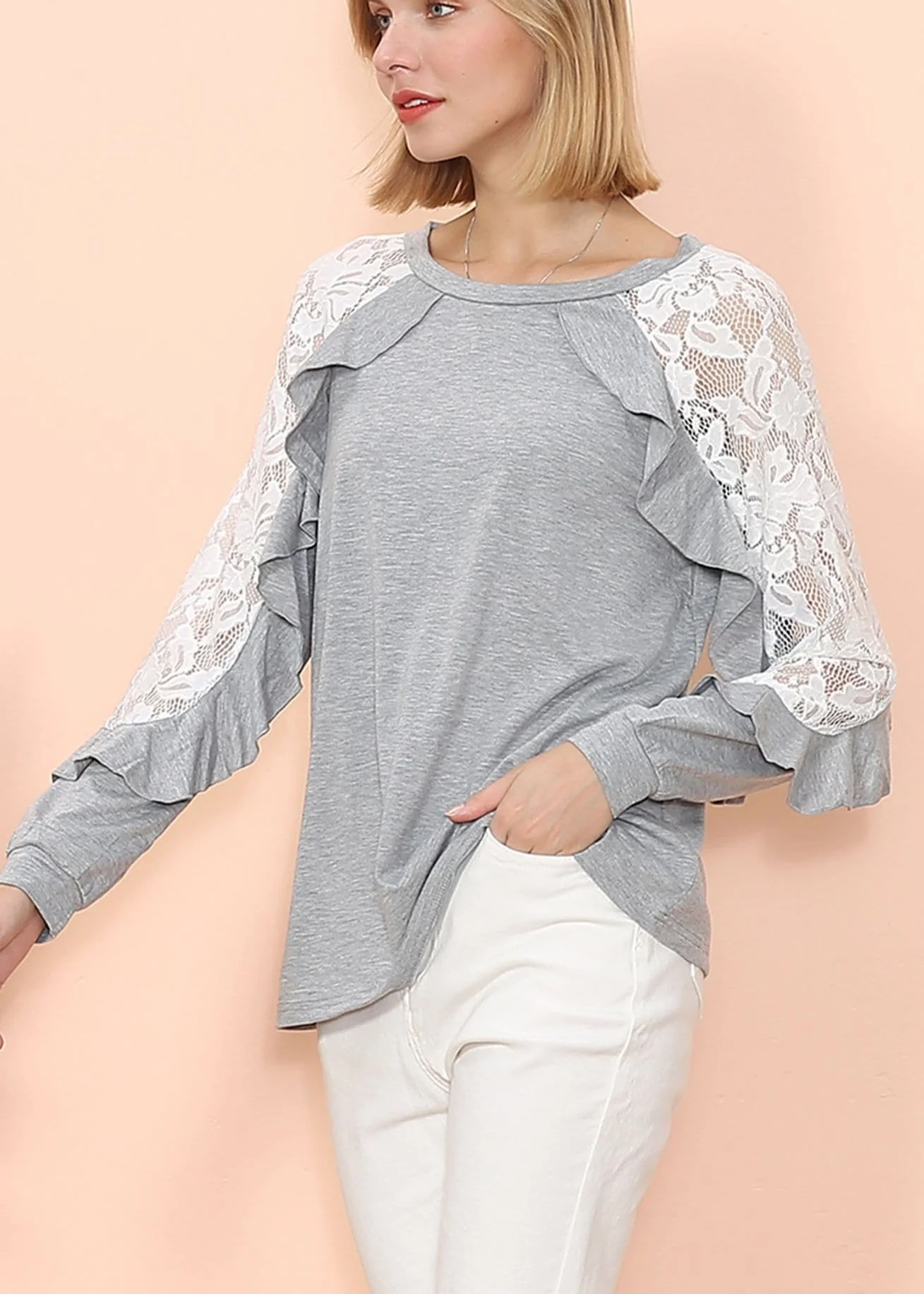 Lace Crochet Long Sleeve Ruffle Top - Image 4