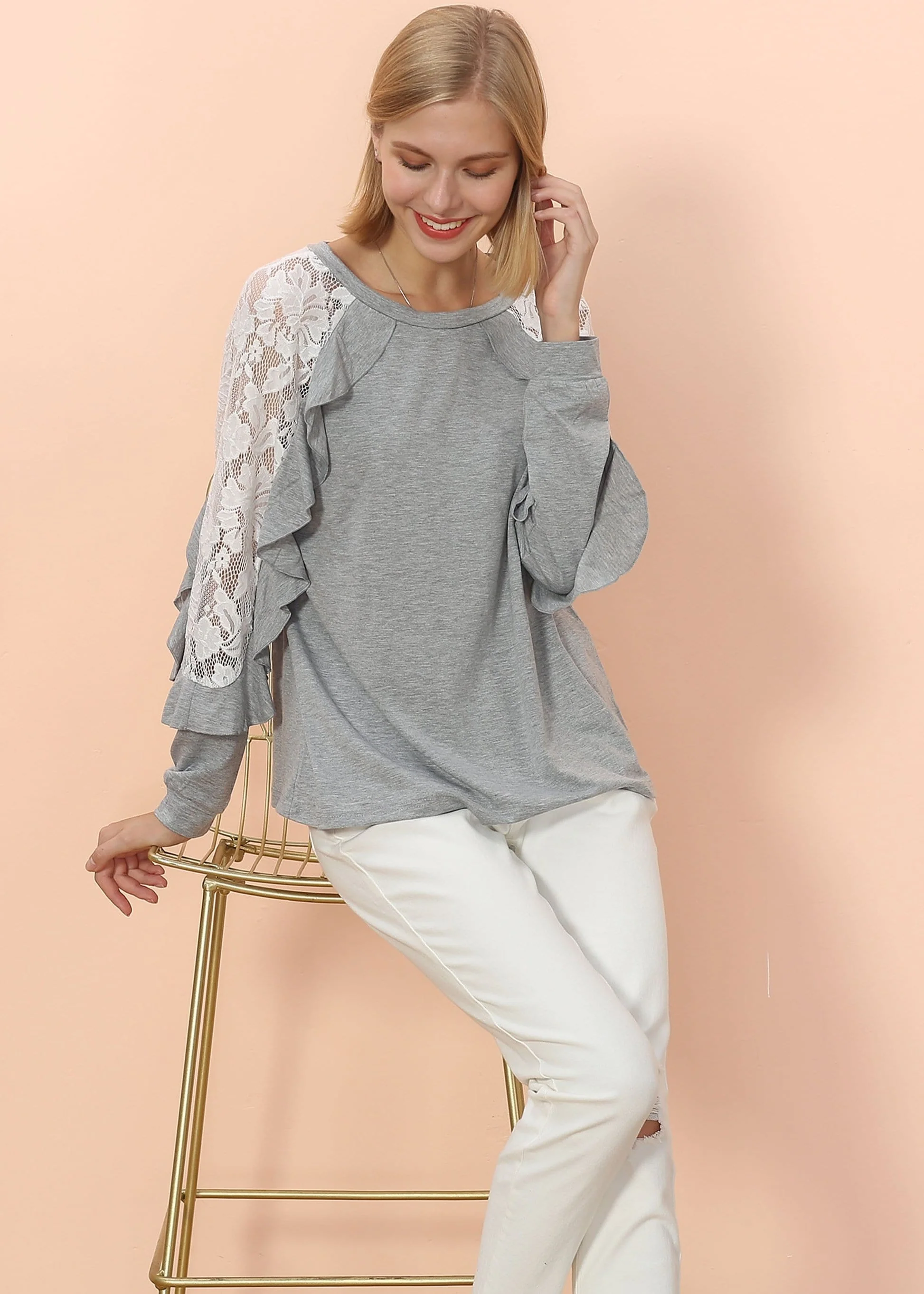 Lace Crochet Long Sleeve Ruffle Top - Image 8