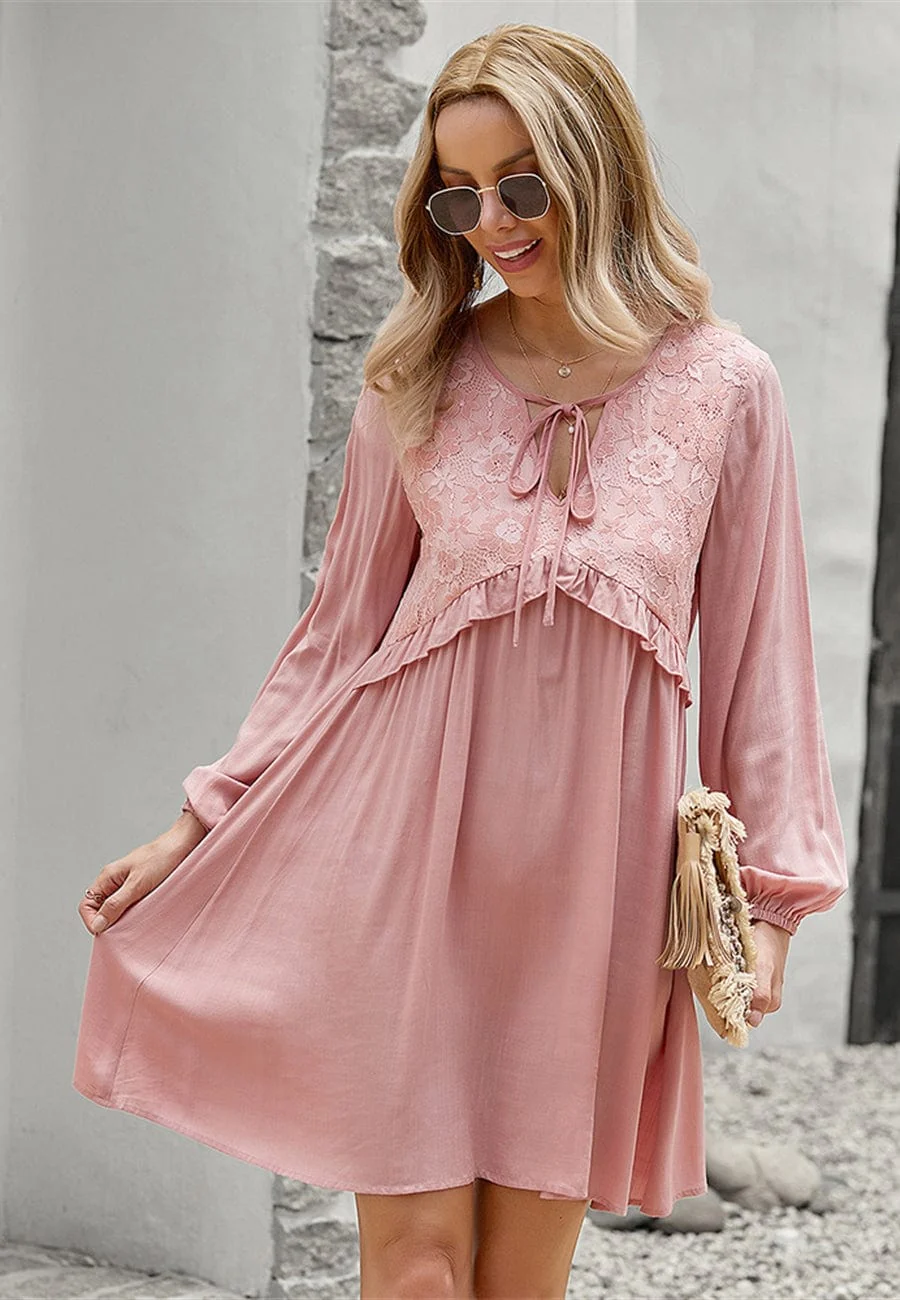 Lace Detail Bishop Sleeve Dress - Image 9