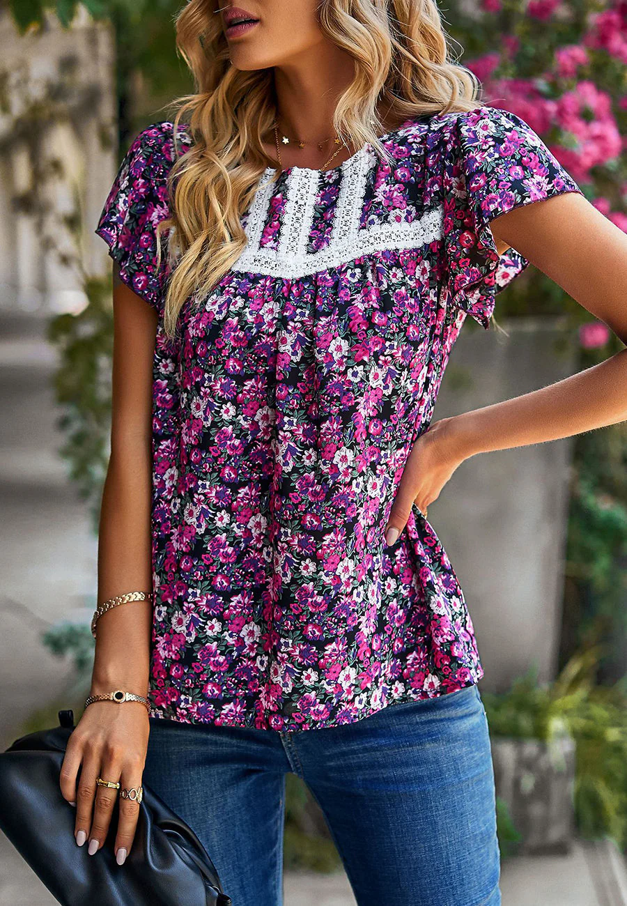Lace Detail Floral Print Blouse - Image 10