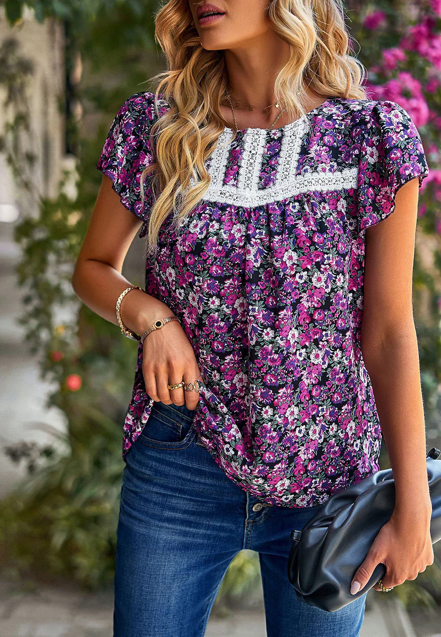 Lace Detail Floral Print Blouse - Image 7