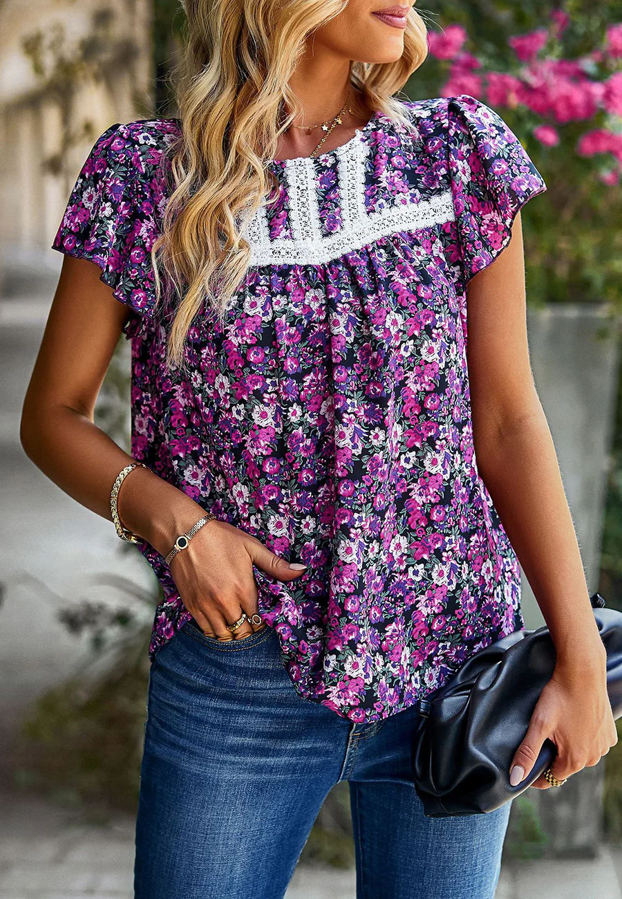 Lace Detail Floral Print Blouse - Image 8