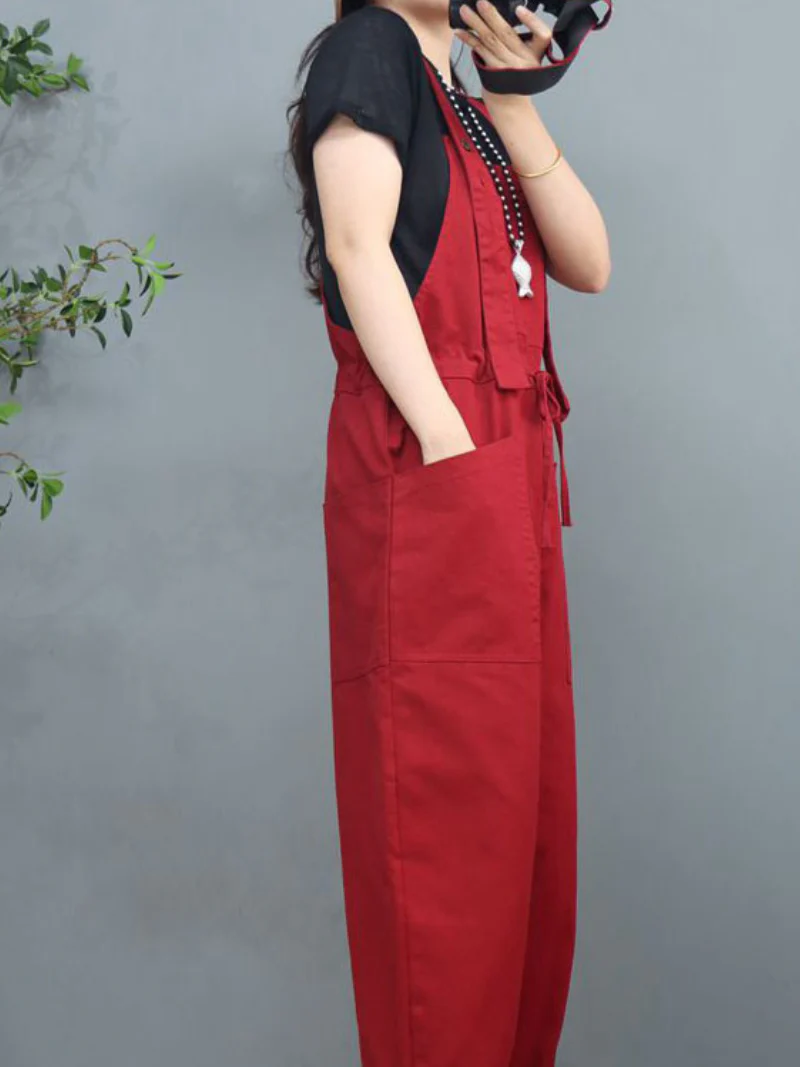 Stylish Waist Tie Belt Loose Wide-Leg Boho Pockets Overalls - Image 4