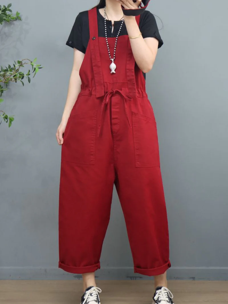 Stylish Waist Tie Belt Loose Wide-Leg Boho Pockets Overalls - Image 5