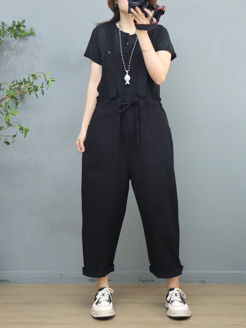 Stylish Waist Tie Belt Loose Wide-Leg Boho Pockets Overalls - Image 7