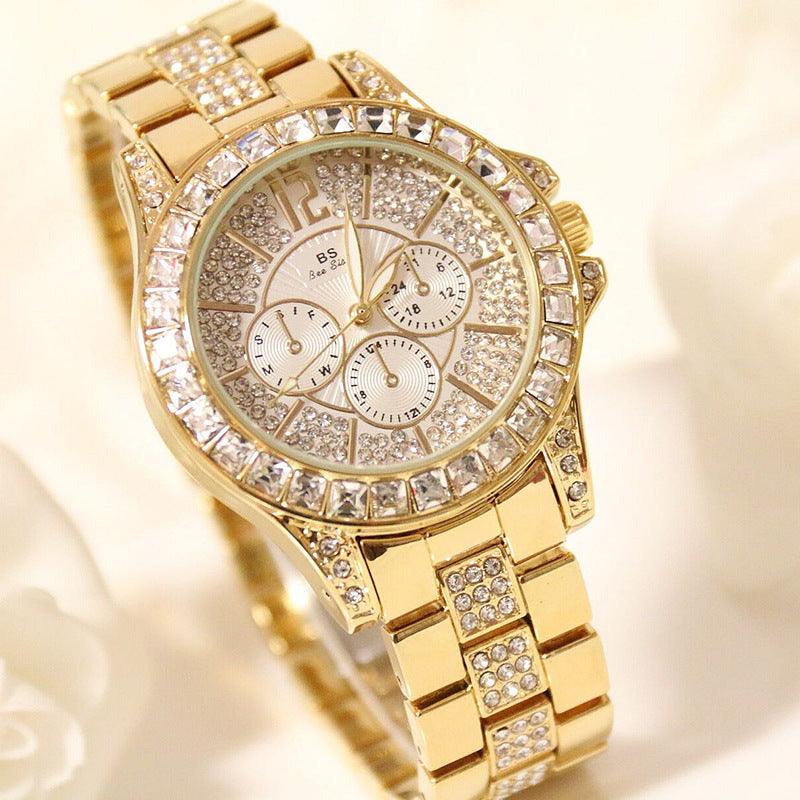 Ladies Luxury Three Eyes Full Rhinestone Crystal Large Dial Quartz