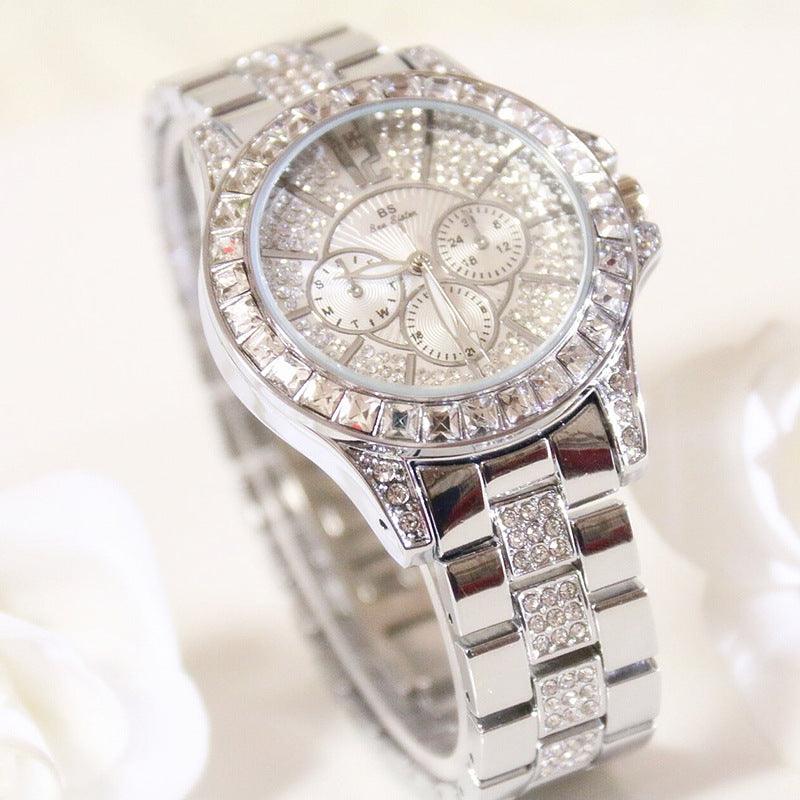 Ladies Luxury Three Eyes Full Rhinestone Crystal Large Dial Quartz - Image 2