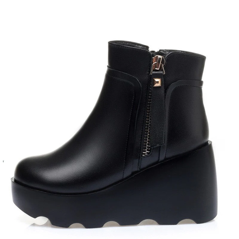 Leather Wedge Platform Wool Boots - Image 2