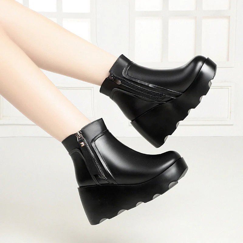 Leather Wedge Platform Wool Boots - Image 3