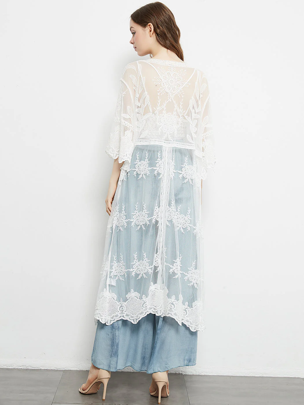 Long Floral Lace Embroidered Kimono - Image 11