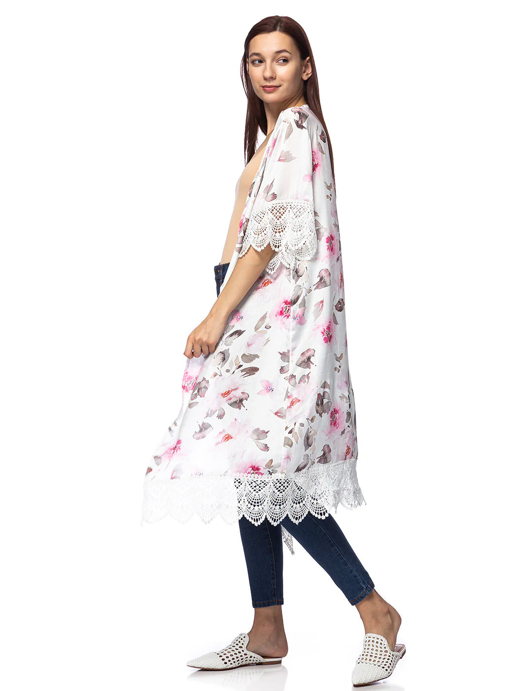 Long Floral Lace Embroidered Kimono - Image 3