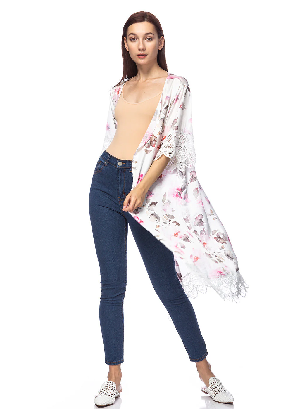 Long Floral Lace Embroidered Kimono - Image 4