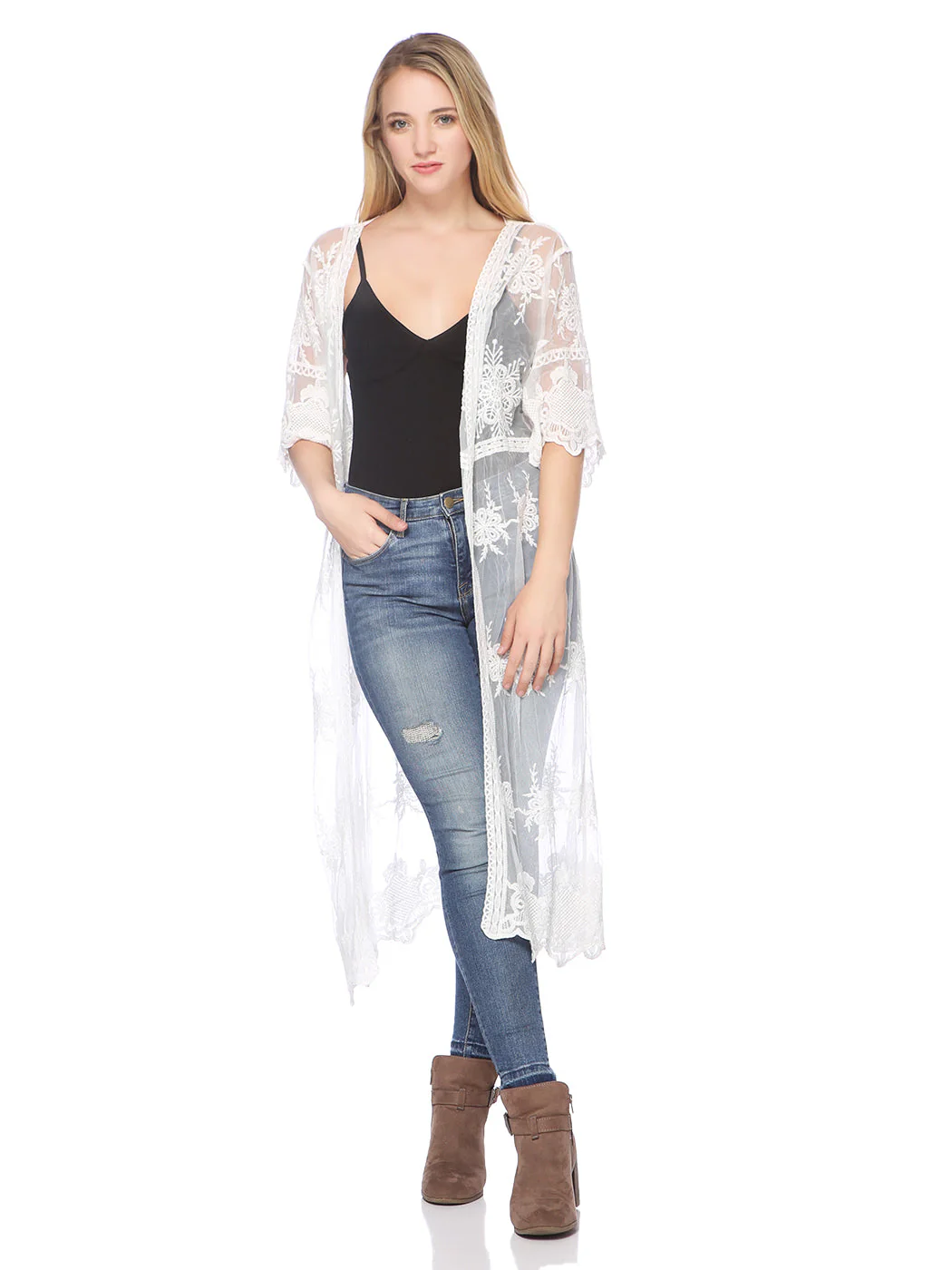 Long Floral Lace Embroidered Kimono - Image 8