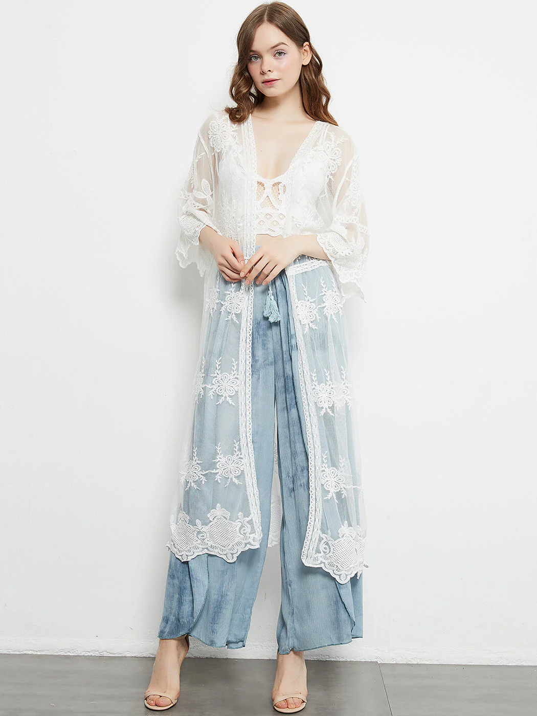 Long Floral Lace Embroidered Kimono - Image 9