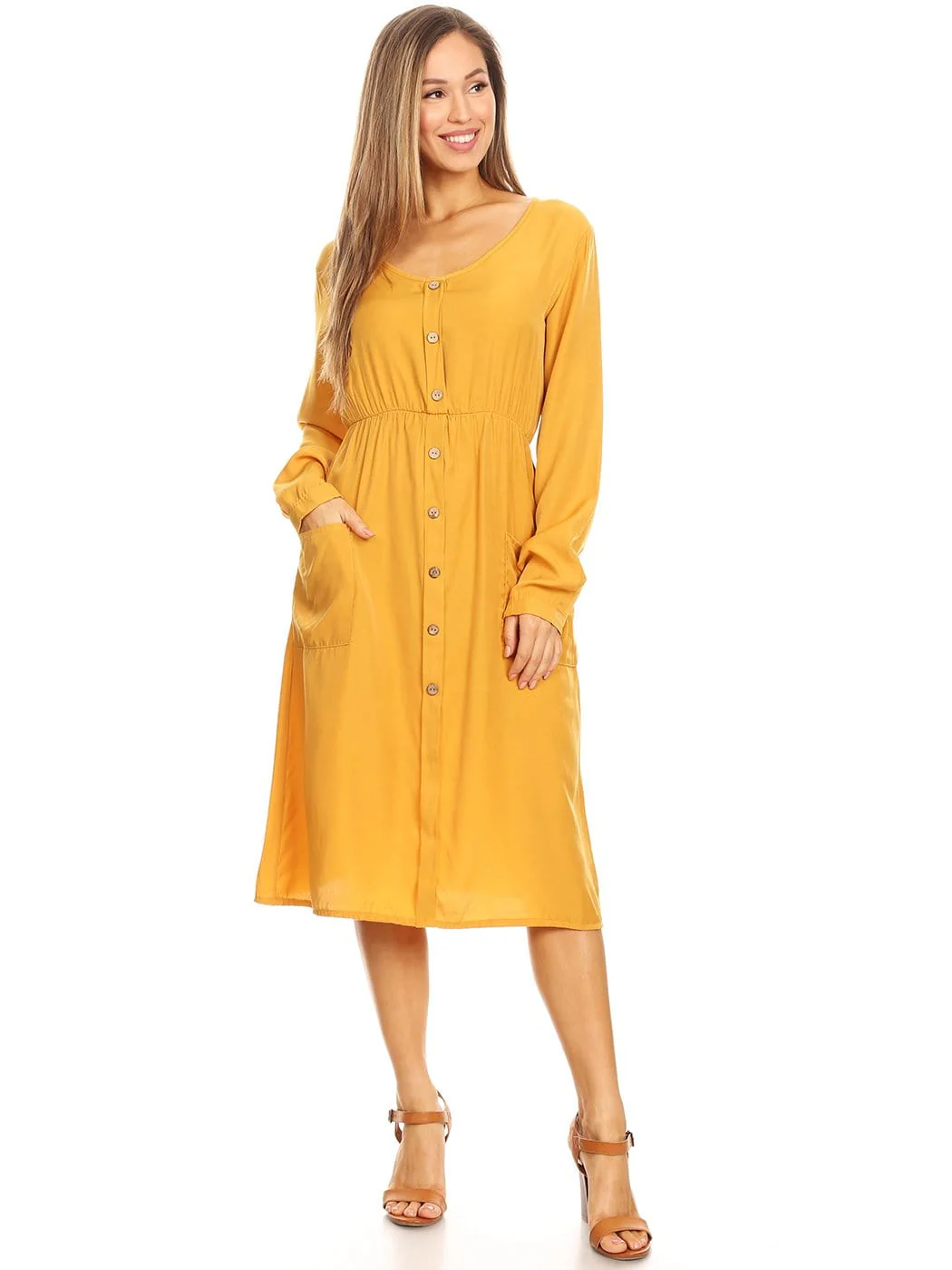 Long-Sleeve Button Down Swing Dress - Image 12