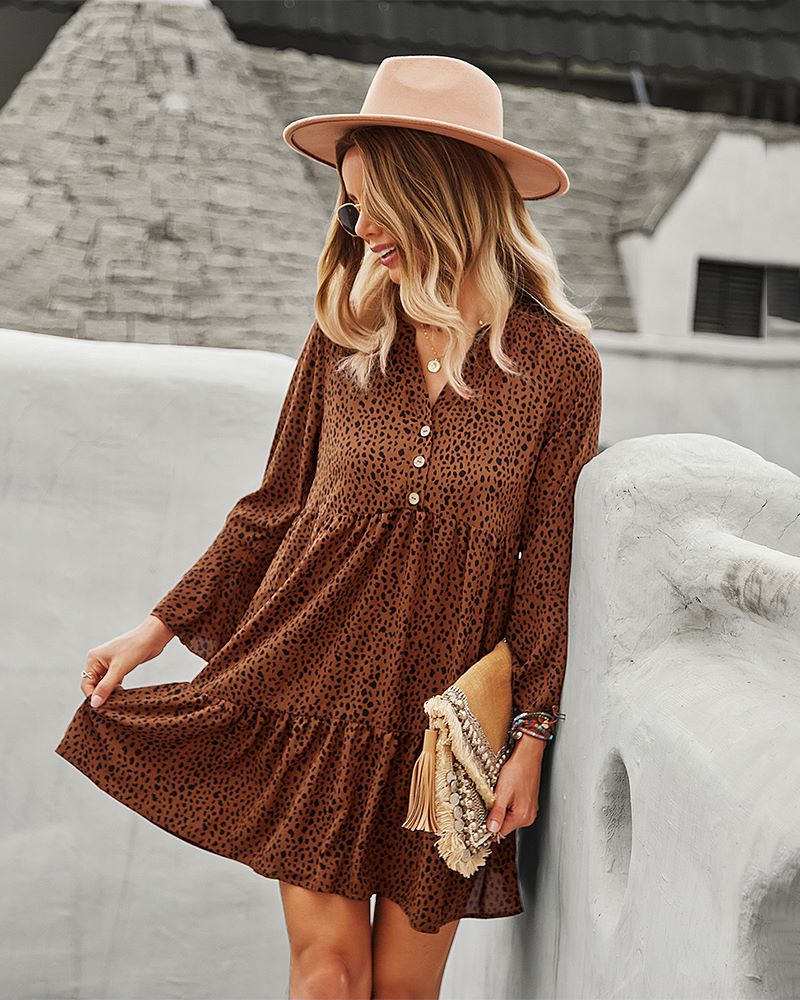 Long Sleeve Dotted Print Dress - Image 11