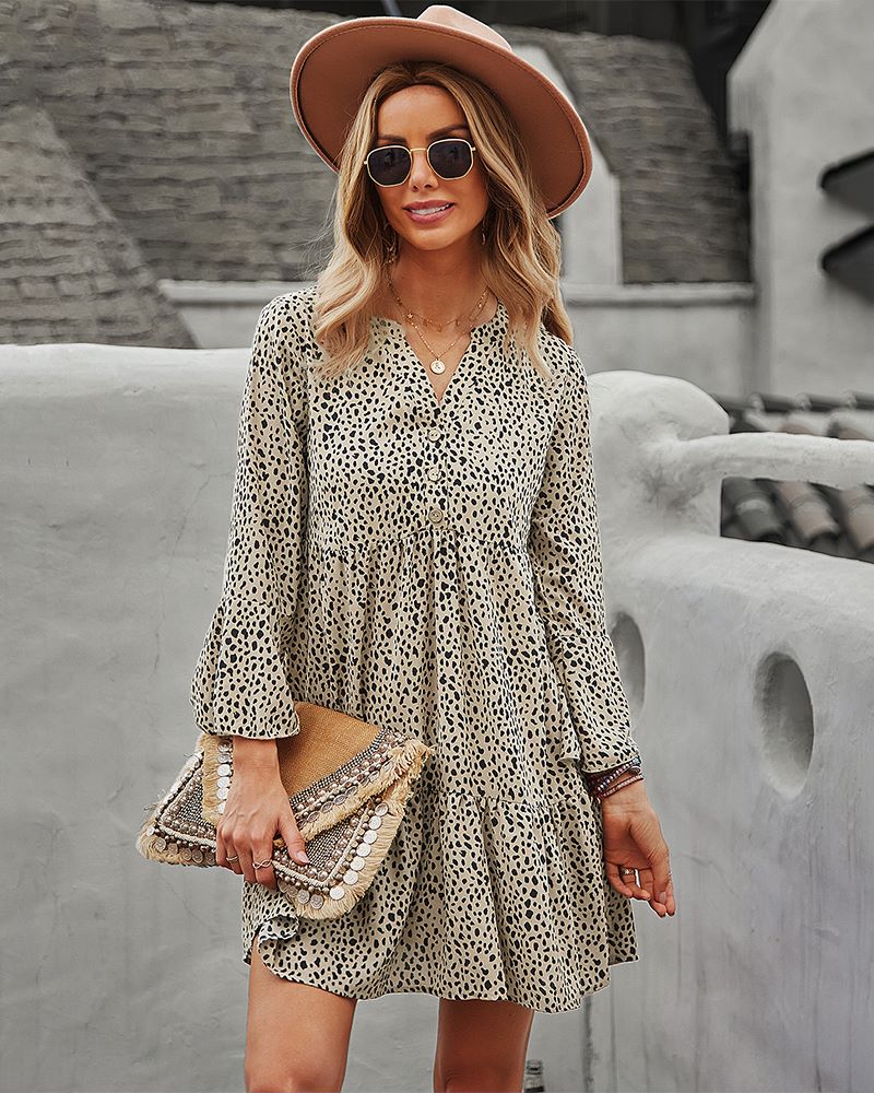 Long Sleeve Dotted Print Dress - Image 19