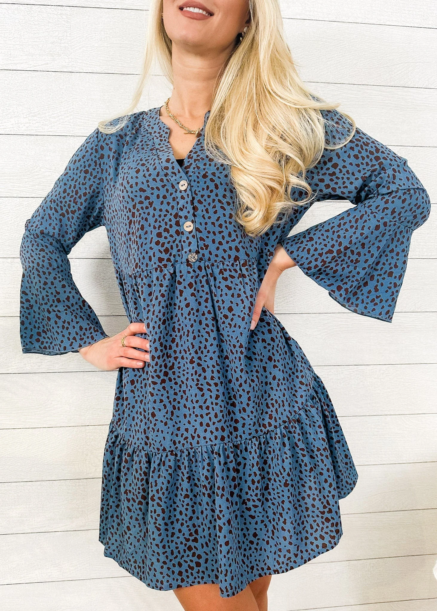 Long Sleeve Dotted Print Dress - Image 4