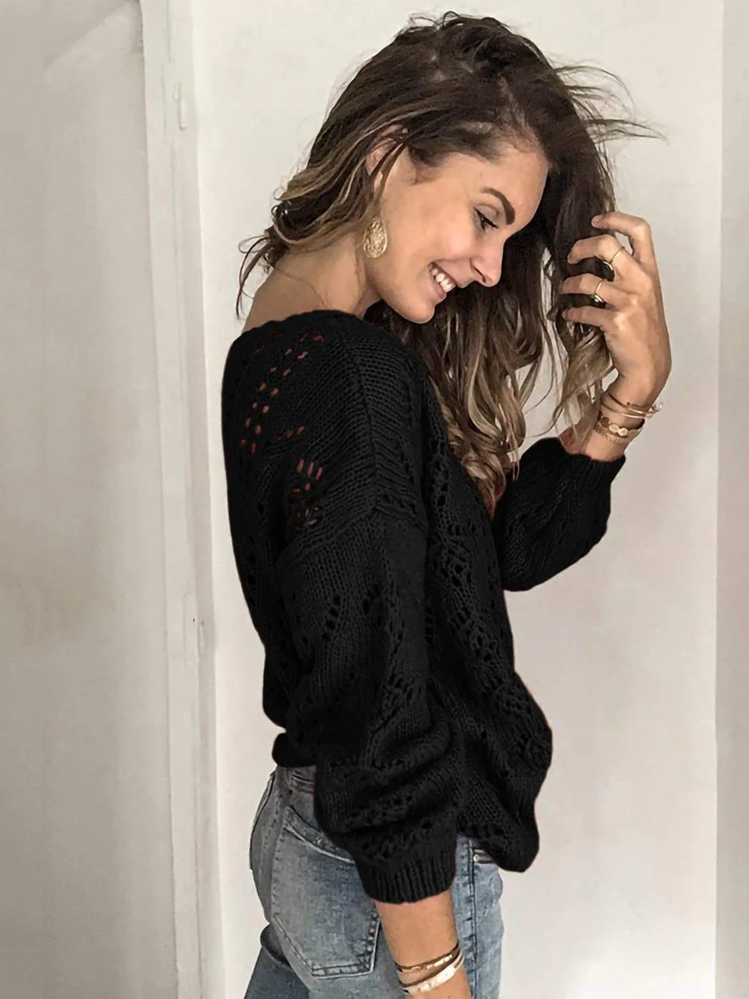 Long Sleeve Knitted Open Front Crochet Button Down Sweater Top - Image 3