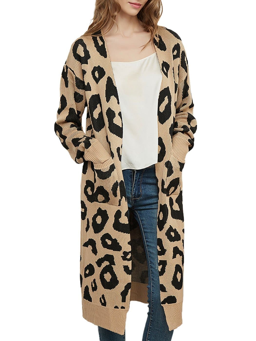 Long Sleeve Leopard Print Cardigan Open Front With Pockets - Image 14