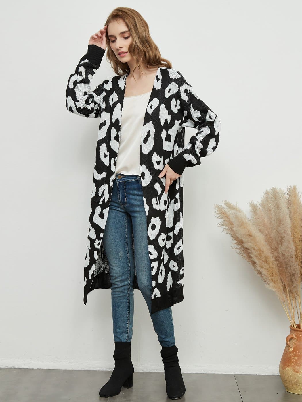 Long Sleeve Leopard Print Cardigan Open Front With Pockets - Image 3