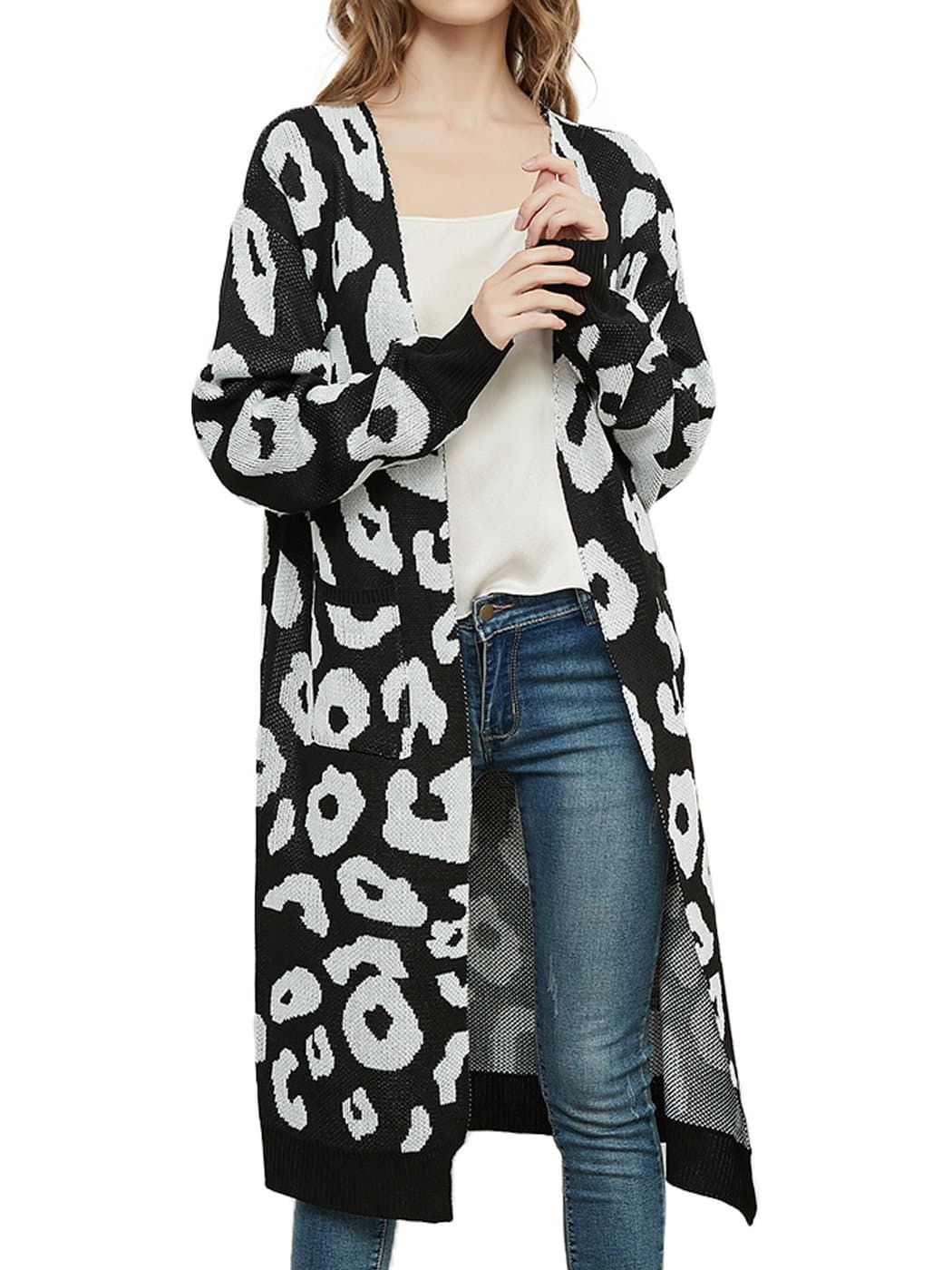 Long Sleeve Leopard Print Cardigan Open Front With Pockets - Image 5
