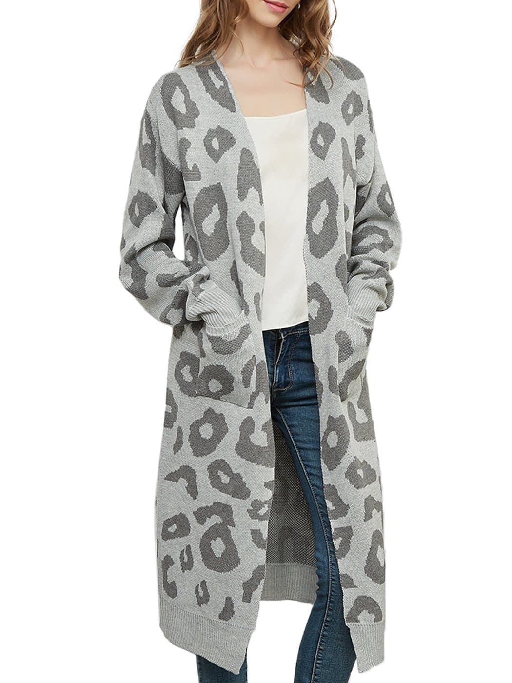Long Sleeve Leopard Print Cardigan Open Front With Pockets - Image 8