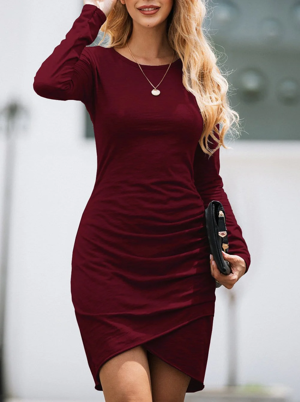 Long Sleeve Overlap Hem Dress - Image 44