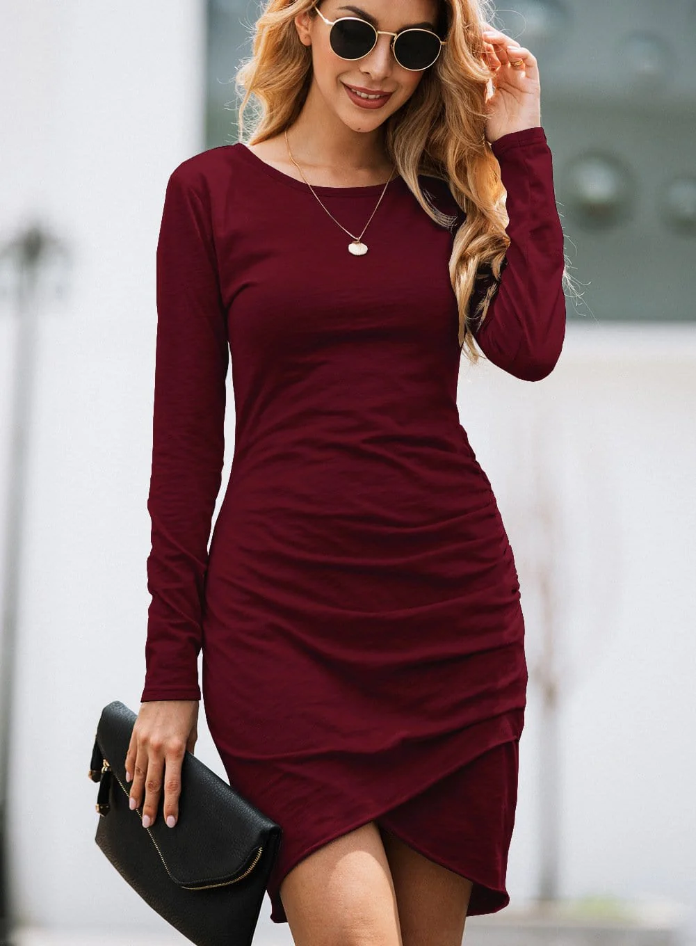 Long Sleeve Overlap Hem Dress - Image 46