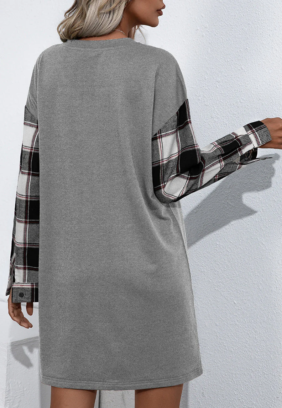 Long Sleeve Plaid Print T-Shirt Dress - Image 19