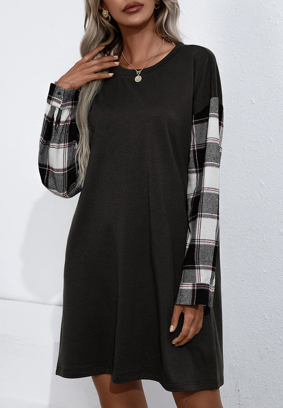 Long Sleeve Plaid Print T-Shirt Dress - Image 3