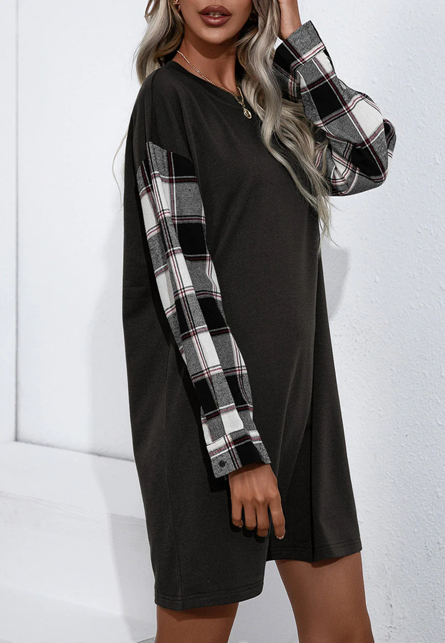 Long Sleeve Plaid Print T-Shirt Dress - Image 4